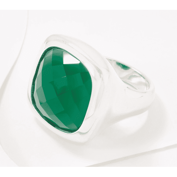 Ultra Fine Silver Bold Faceted Green Agate Gemstone Solitaire Ring Size 9