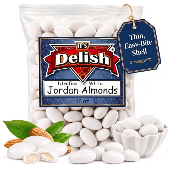 Ultra Fine White Jordan Almonds by Its Delish, 1 LB Bulk Bag Thin Shell Sweet Sugared Hard Candy Coated Almond Nut - Wedding Favors, Bridal and Baby Showers, Party Buffets - USA Made, Vegan & Kosher