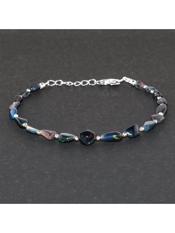 Ultra Fire Black Ethiopian Opal Stone Beads with Silver Ball dainty Bracelet For Women, Healing Crystal, Handmade Birthstone Jewelry, Rhodium Plated Sterling Silver Chain 8 Inch, Christmas Gifts