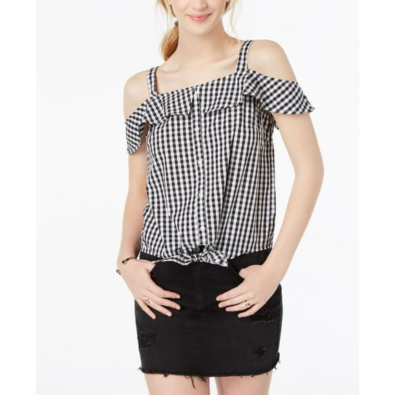 Ultra Flirt By Ikeddi Juniors Cotton Cold Shoulder Gingham Top Black White Gingham S