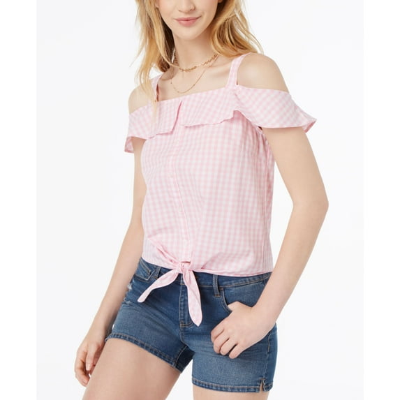 Ultra Flirt By Ikeddi Juniors Cotton Cold Shoulder Gingham Top Pink White Gingham M