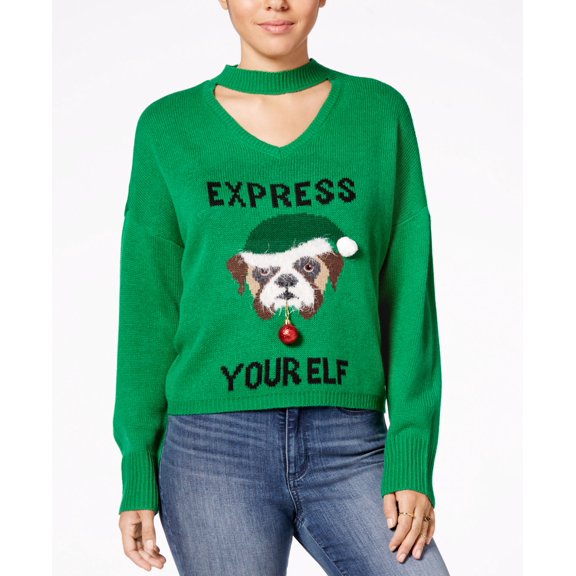 Ultra Flirt By Ikeddi Juniors Express Your Elf Embellished Graphic Holiday Sweater Green XL