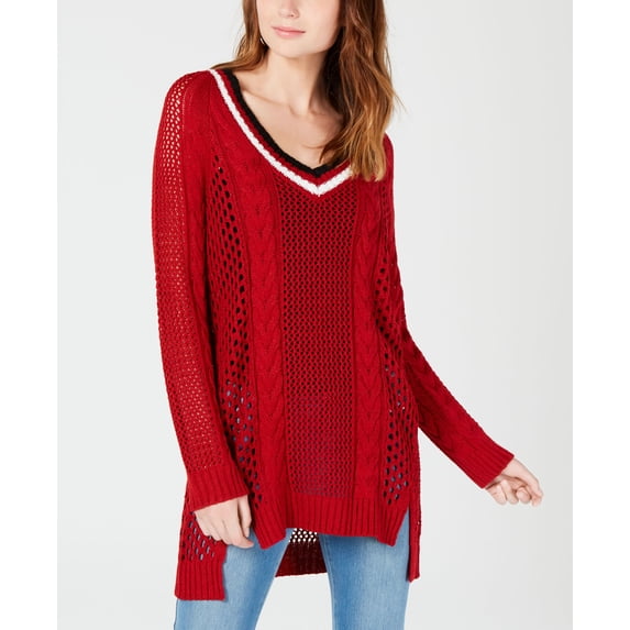 Ultra Flirt By Ikeddi Juniors Pointelle Varsity Tunic Sweater Chili Pepper S
