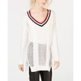 thumbnail image 1 of Ultra Flirt By Ikeddi Juniors Pointelle Varsity Tunic Sweater Gardenia S, 1 of 1