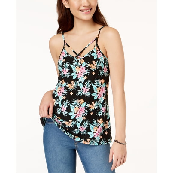 Ultra Flirt By Ikeddi Juniors Printed Two Way Tank Top Black Floral L