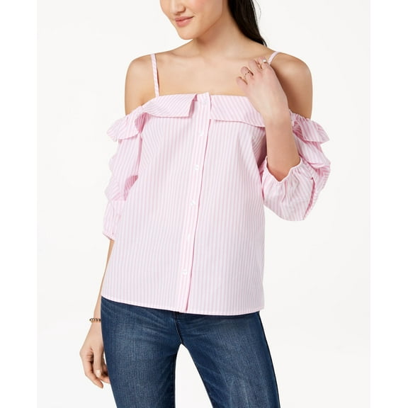 Ultra Flirt By Ikeddi Juniors Striped Off The Shoulder Button Front Blouse Pink White Stripe XL
