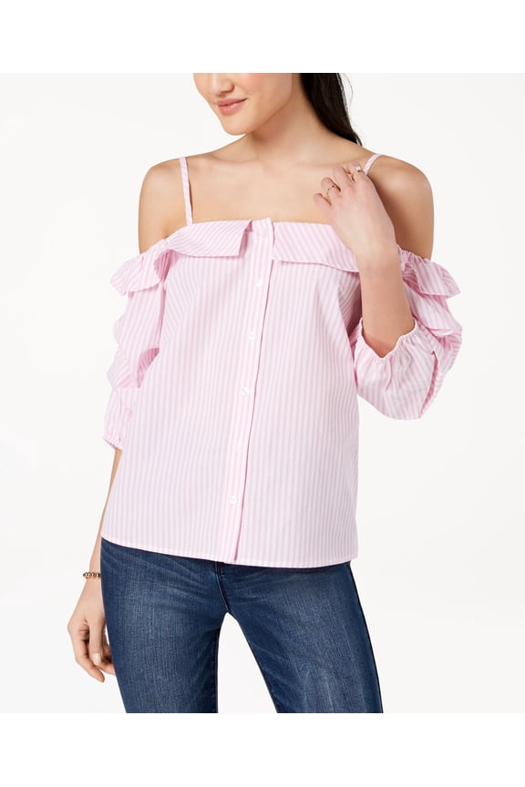 By Ikeddi Juniors Striped Off The Shoulder Button Front Blouse Pink White Stripe XL