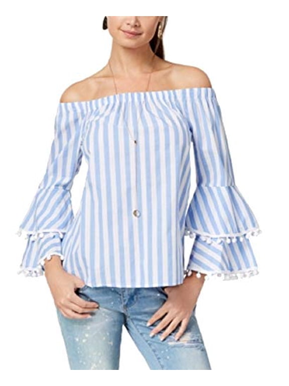 Ultra Flirt By Ikeddi Juniors Striped Off The Shoulder Top Blue White Stripe M