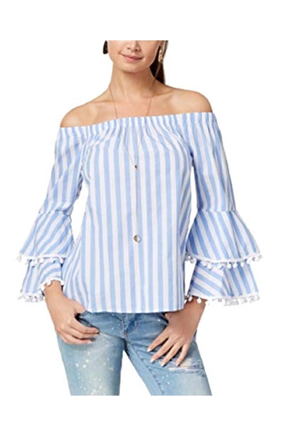 Ultra Flirt By Ikeddi Juniors Striped Off The Shoulder Top Blue White Stripe M