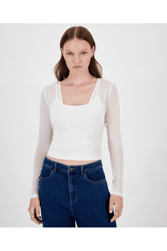 GARDENIA Juniors' Mesh Surplice-Neck Long-Sleeve Two-Fer, US Medium