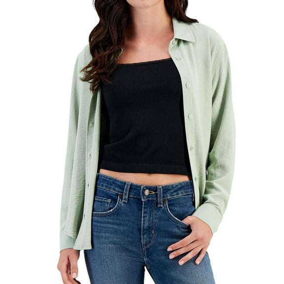 Ultra Flirt Womens Long Sleeve Button Up Shirt, Green, Juniors, X-Large