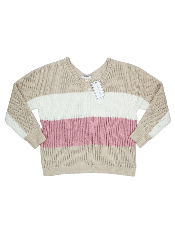 Juniors Chenille Colorblock Lightweight Knit V-Neck Sweater, Beige, Small
