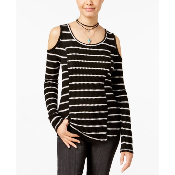 Ultra Flirt Juniors Cold Shoulder Thermal Top Black White Stripe S