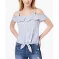 thumbnail image 1 of Ultra Flirt Juniors Cotton Cold-Shoulder Gingham Top (Blue White Gingham, XS), 1 of 1