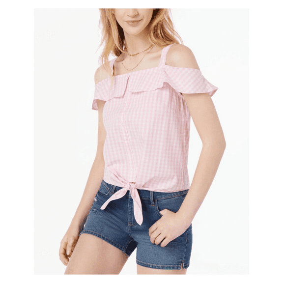 Ultra Flirt Juniors Cotton Cold-Shoulder Gingham Top (Pink White Gingham, L)
