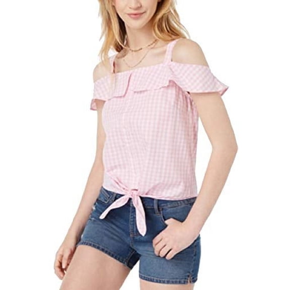 Ultra Flirt Juniors Cotton Cold-Shoulder Gingham Top shirt MSRP $26 Pink S