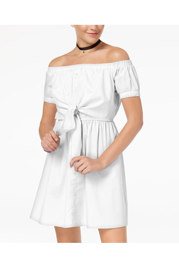 Juniors Cotton Off The Shoulder Fit Flare Dress White M