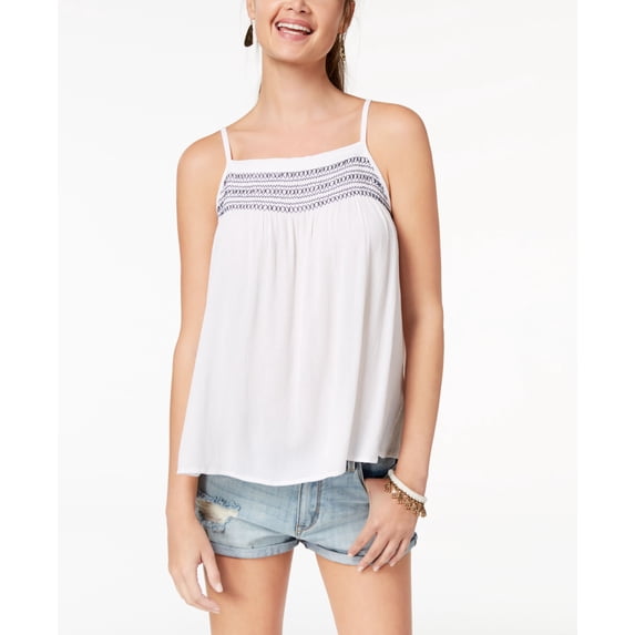 Ultra Flirt Juniors' Embroidered Smocked Tank Top in White, Medium