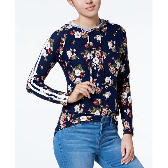 Ultra Flirt Juniors Floral Print Striped Trim Hoodie Garden Cluster Peacoat/Raspberry XS