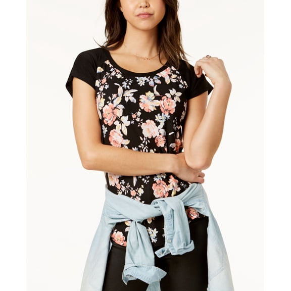 Ultra Flirt Juniors Floral Printed Baseball T-Shirt Black Laurel Floral XS