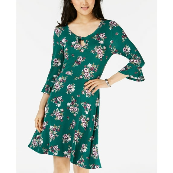 Ultra Flirt Juniors Keyhole Printed Bell Sleeve Dress Green L