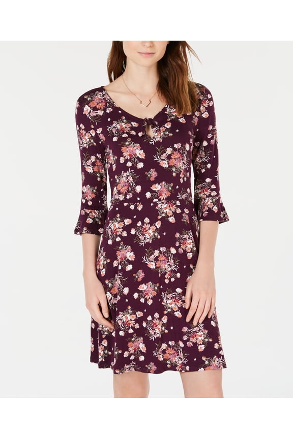Juniors Keyhole Printed Bell Sleeve Dress Wildflower XL