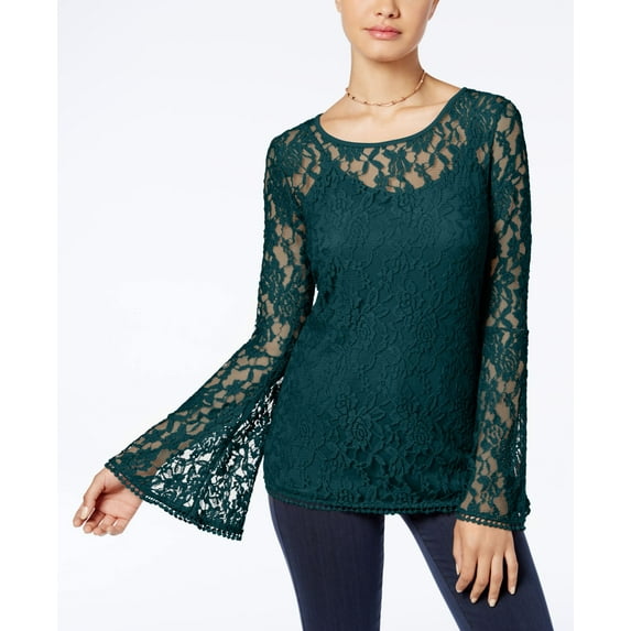 Ultra Flirt Juniors Lace Bell Sleeve Top Deep Teal M