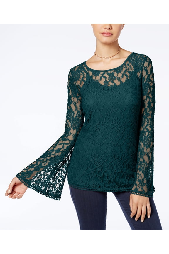 Juniors Lace Bell Sleeve Top Deep Teal S