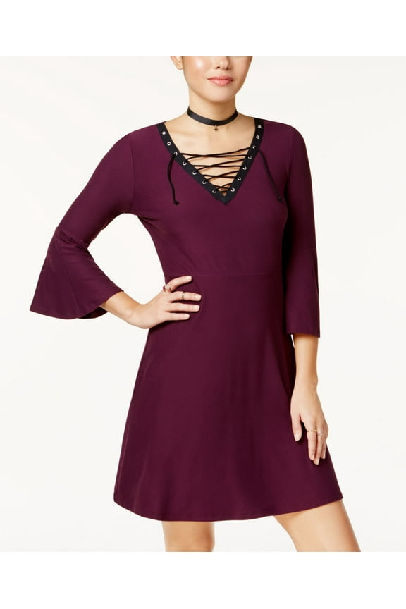 Juniors Lace Up Fit Flare Dress Purple M