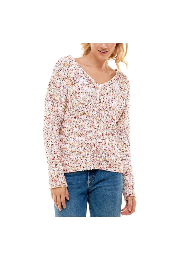 Juniors Marled Chenille V-Neck Sweater, Pink, Large
