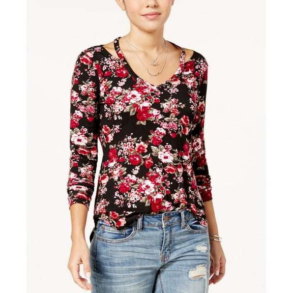 Ultra Flirt Juniors Printed Cutout Neck Top Black Velvet Floral M