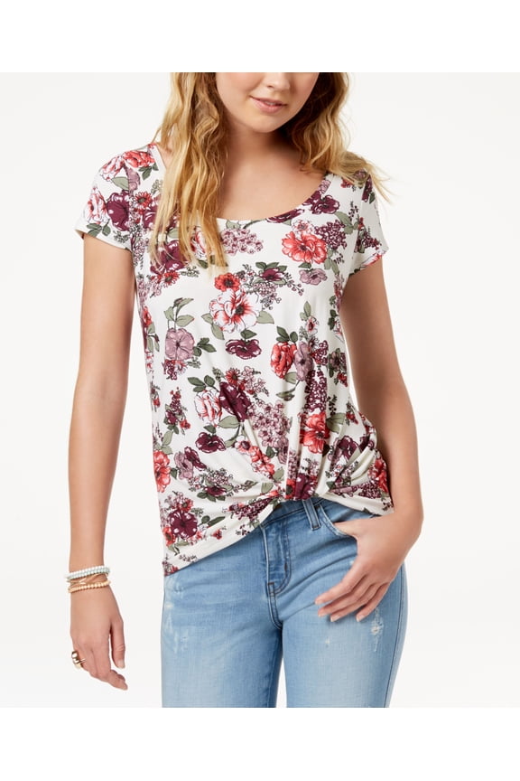 Juniors Printed Knot Hem Top Ivory Floral L