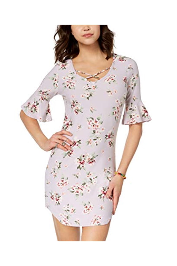 Juniors' Printed Ruffle-Sleeved Dress (Purple Floral, L)
