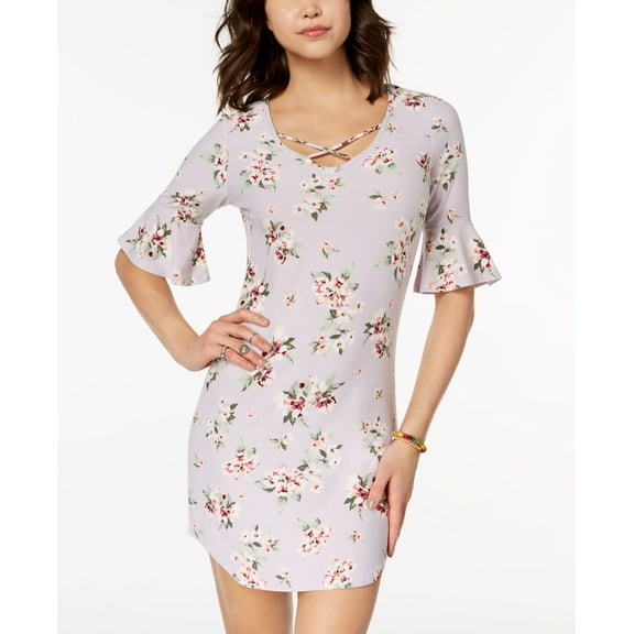 Ultra Flirt Juniors Printed Ruffle Sleeved Dress Purple Floral S