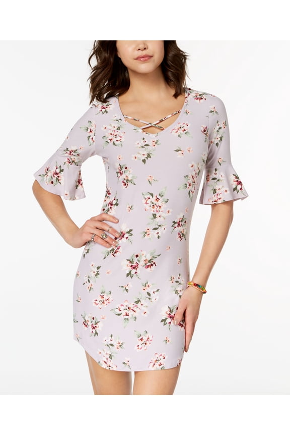Juniors Printed Ruffle Sleeved Dress Purple Floral S