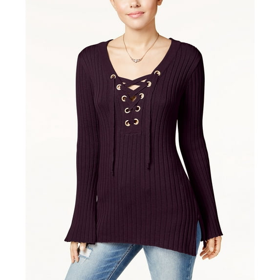 Ultra Flirt Juniors Ribbed Bell Sleeve Sweater Black Currant Purple XL