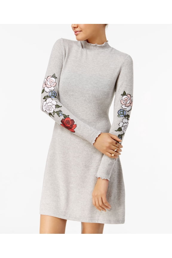 Juniors Rose Graphic Sweater Dress Grey White M