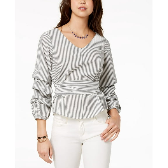 Ultra Flirt Juniors Ruffle Sleeved Tie Front Blouse Black White Stripe XL