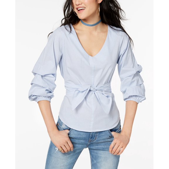 Ultra Flirt Juniors Ruffle Sleeved Tie Front Blouse Blue White Stripe L