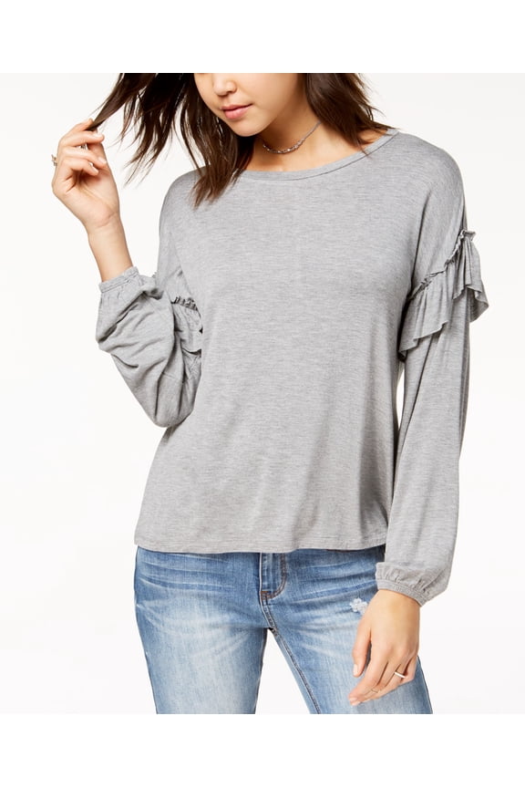 Juniors Ruffled Sleeve Top Medium Gray L