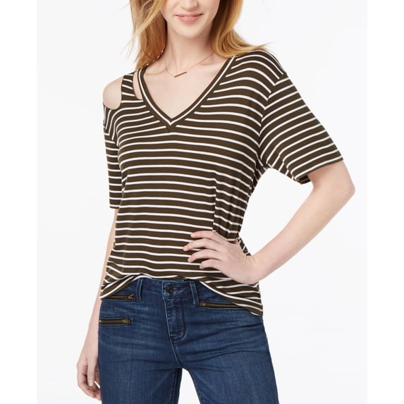 Ultra Flirt Juniors Striped Cutout T-Shirt Olive Stripe XS