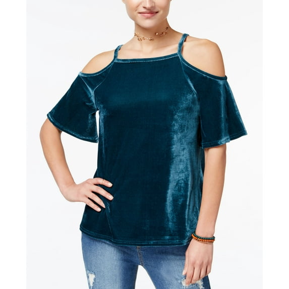 Ultra Flirt Juniors Velvet Cold Shoulder Top Deep Teel S