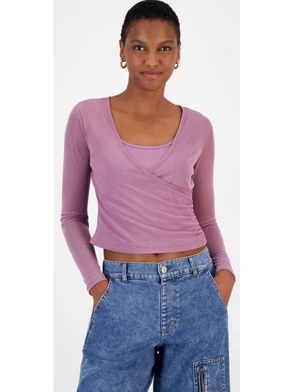 VALERIAN Women's Juniors' Mesh Surplice-Neck L/S Two-Fer, US Medium