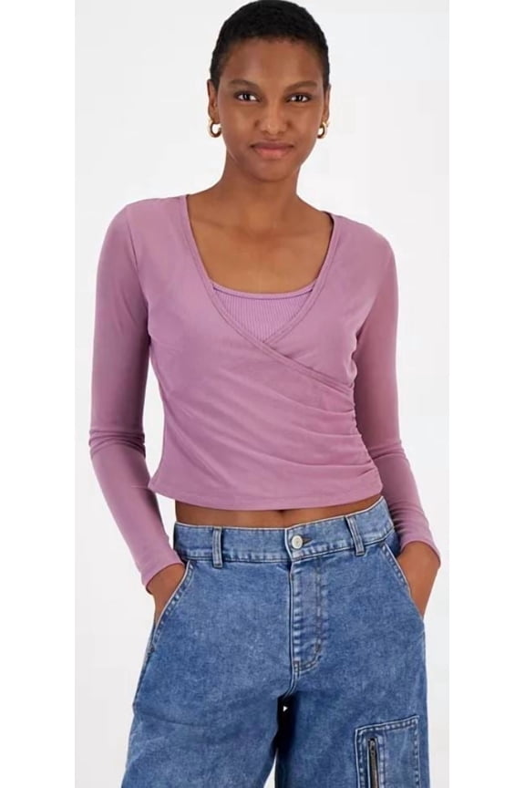 VALERIAN Women's Juniors' Mesh Surplice-Neck L/S Two-Fer, US X-Small