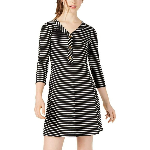 Ultra Flirt Womens 3/4 Sleeve Striped Casual Dress B/W XS