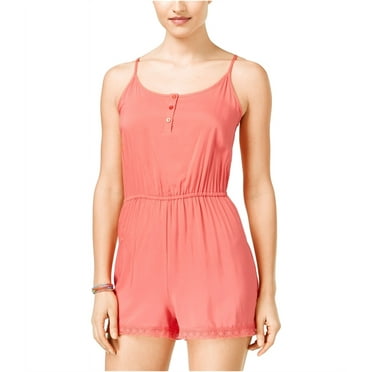 Ultra Flirt Womens Crochet-Trim Romper Jumpsuit, Orange, Juniors, X-Large