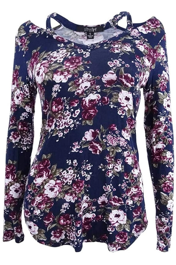 Womens Floral Print Cold Shoulder Pullover Top