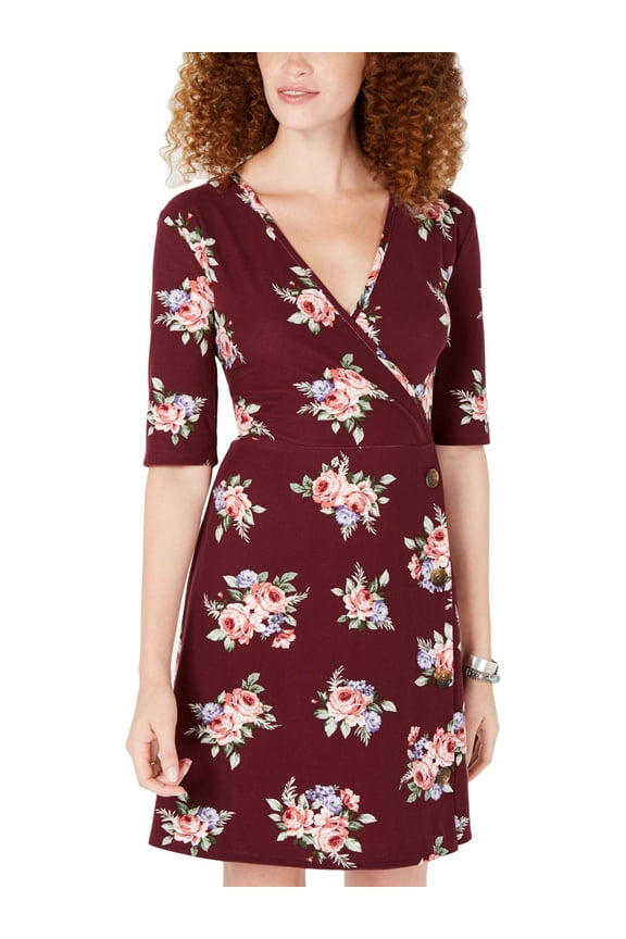 Womens Juniors Faux Wrap Floral Casual Dress