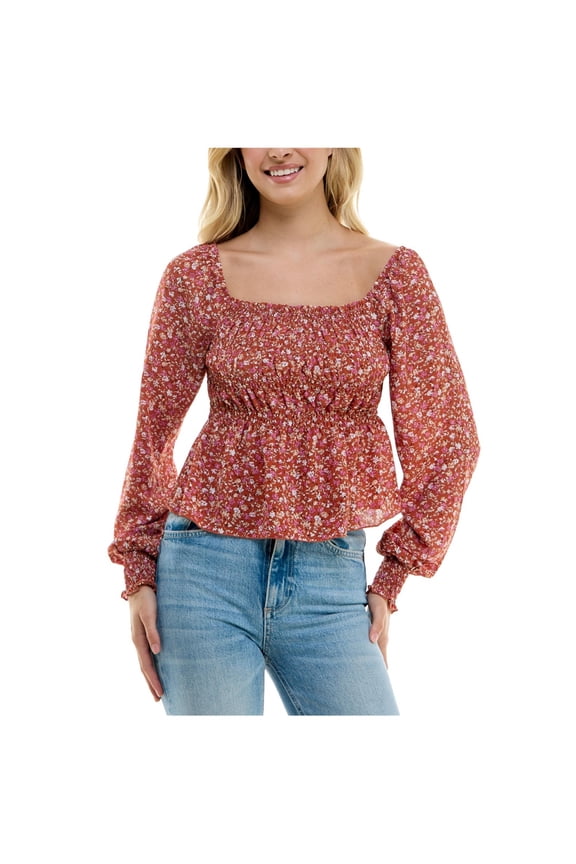 Womens Smocked Peplum Baby Doll Blouse, Red, Juniors, Large