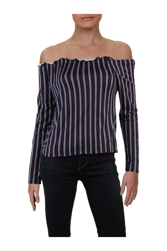 Womens Juniors Pinstripe Ruffled Pullover Top Navy L